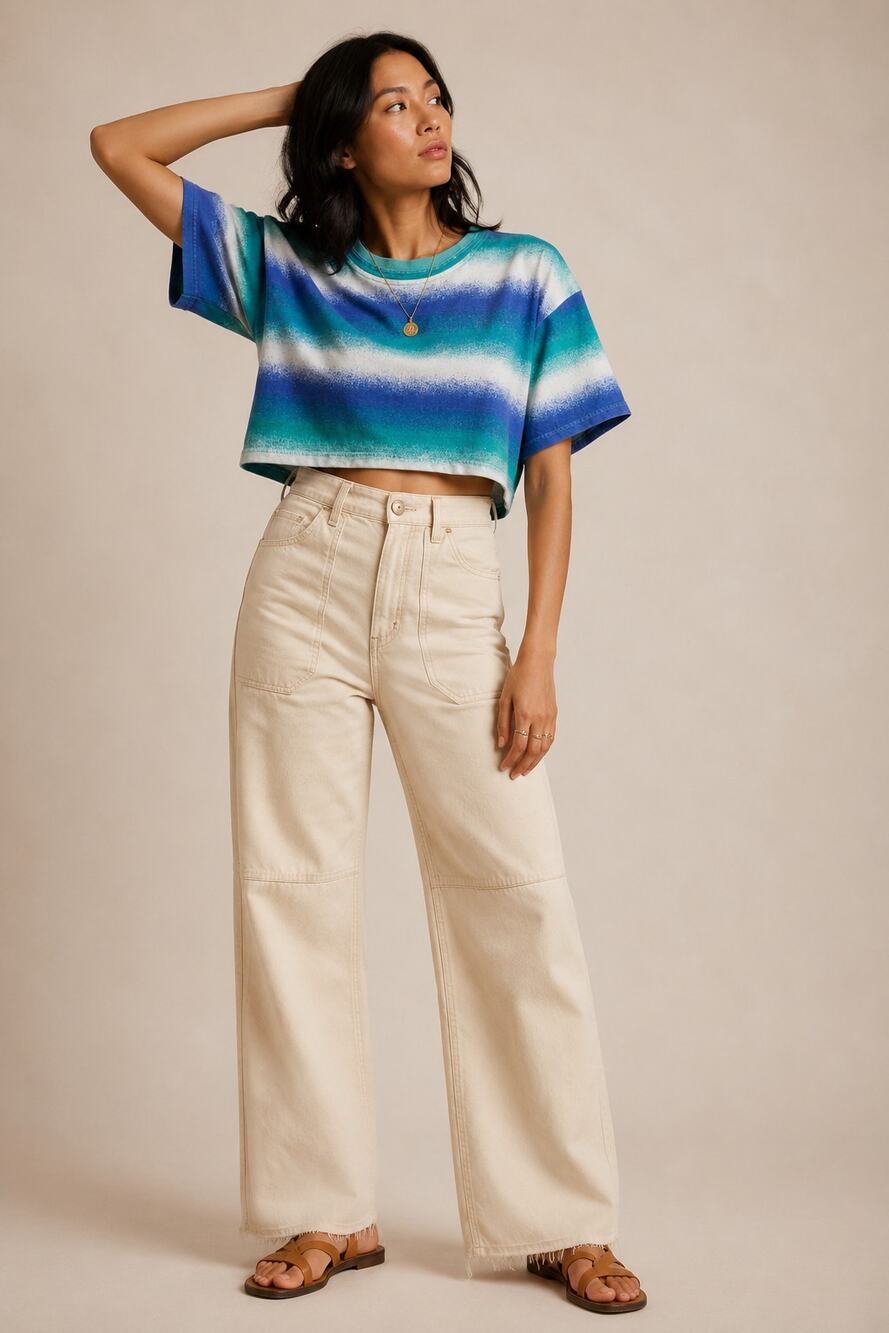 Vintage Tomato 80s 90s Gradient Striped Boxy Cropped Tee Surf Skate Summer Retro